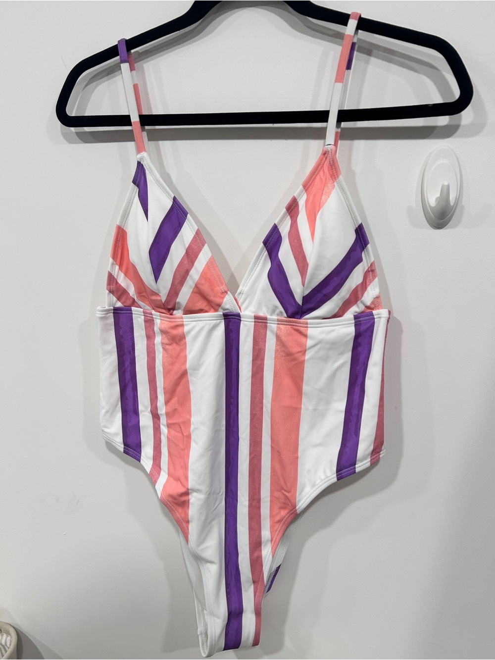 White Striped One-Piece Swimsuit with Pink & Purple Accents 💖 NWT